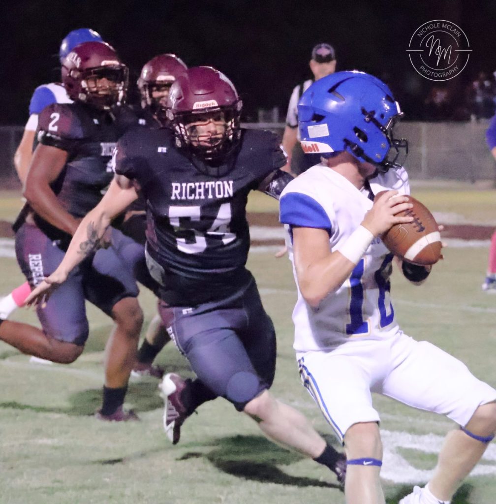 Senior Logan McRee is shown preparing to tackle the Resurrection quarterback during the Richton win on Friday. Photo by NICHOLE McLAIN PHOTOGRAPHY